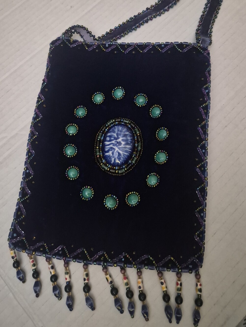 Vintage Silk Velvet Beaded Crossbody Bag Pouch Cabochon Boho Whimsigoth Fringed